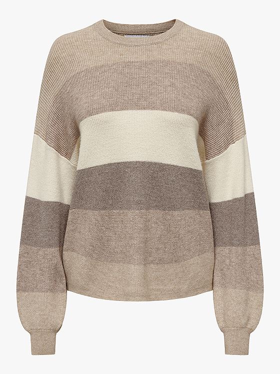 Only Atia Long Sleeve Stripe Pullover Knit Feather Gray W. BEIGE/WHITECAP GRAY/LEAFLESS TREE