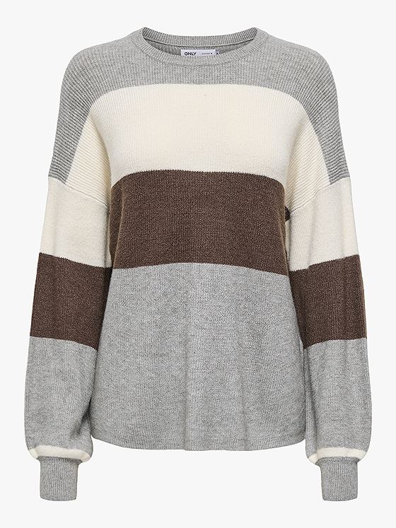 Only Atia Long Sleeve Stripe Pullover Knit Medium Grey Melange W. Whitecap Gray/Chicory Coffee