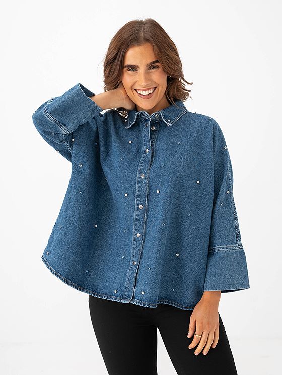 Only Grace 3/4 Rhinestone Denim Shirt Medium Blue Denim