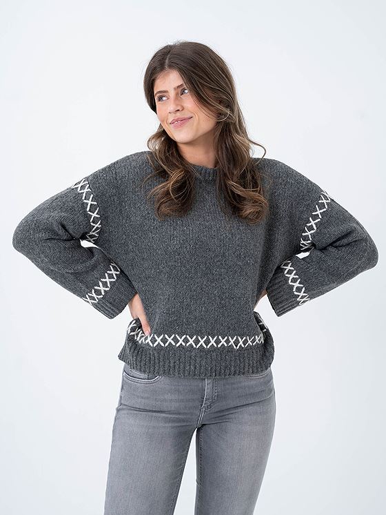 Only Amanda Life Long Sleeve O-Neck Detail Knit Dark Grey Melange Cloud Dancer
