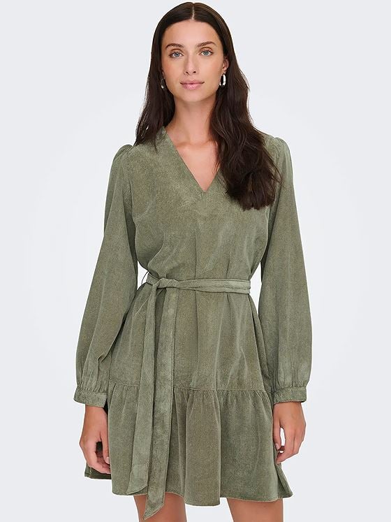 Only Marike Life Long Sleeve Cord Belt Dress Smokey Olive