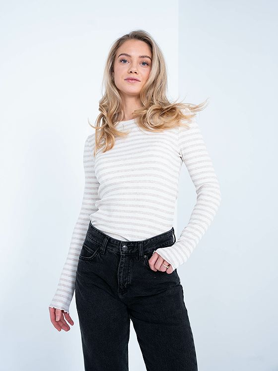 Selected Femme Anna Long Sleeve Crew Neck Tee Stripe Light Grey Melange with Snow White Stripes