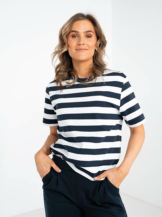 Selected Femme Essential Short Sleeve Striped Boxy Tee Dark Sapphire
