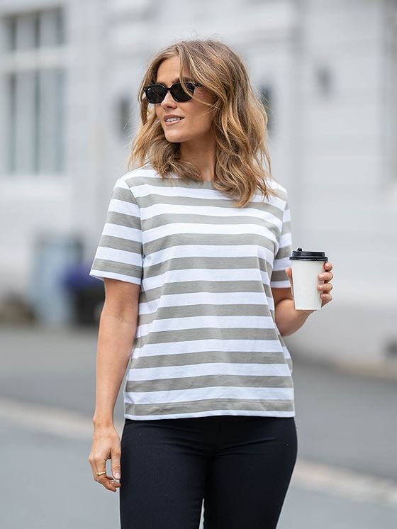 Selected Femme Essential Short Sleeve Striped Boxy Tee Vetiver BRIGHT WHITE - WIDE