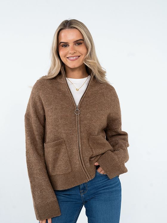 Selected Femme Sia Ras Long Sleeve Knit Zipper Cardigan Coca Mocha