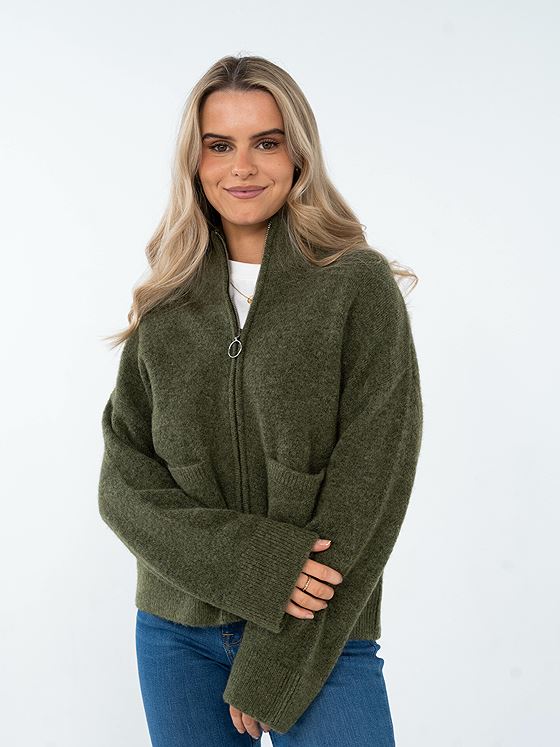 Selected Femme Sia Ras Long Sleeve Knit Zipper Cardigan Olivine