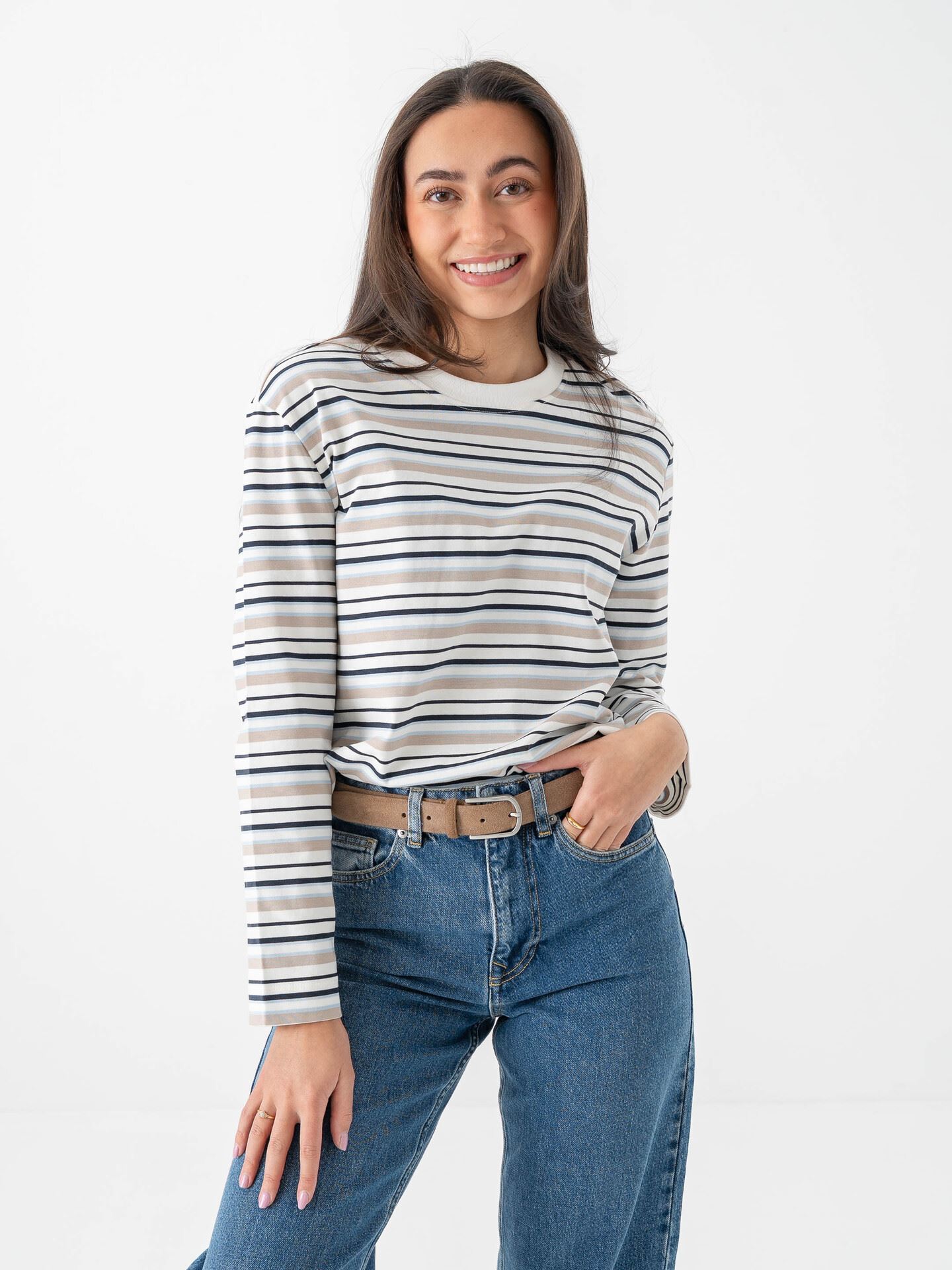 Selected Femme Essential Long Sleeve Striped Boxy Tee Cashmere Blue / Multi Stripe