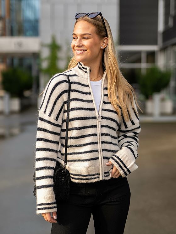 Selected Femme Sia Ras Stripe Long Sleeve Knit Cardigan Birch/Stripes Dark Saphire