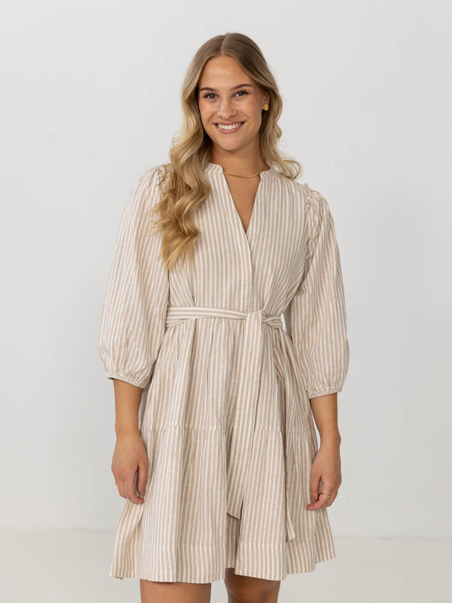 Selected Femme Hillie Striped 3/4 Short Linen Dress Snow White / Stripes Humus