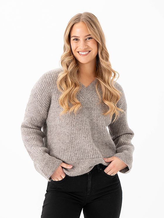 Selected Femme Alva Melange Long Sleeve Knit V-Neck Steel Gray