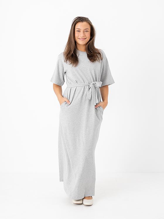 Selected Femme Essential Short Sleeve Pocket Ankle Dress Light Grey Melange
