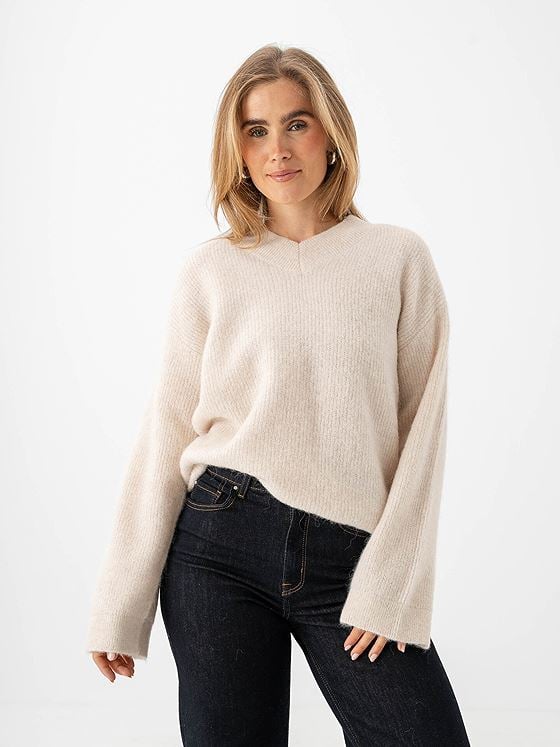 Selected Femme Sia Ras Long Sleeve Knit Long V-Neck Birch Melange