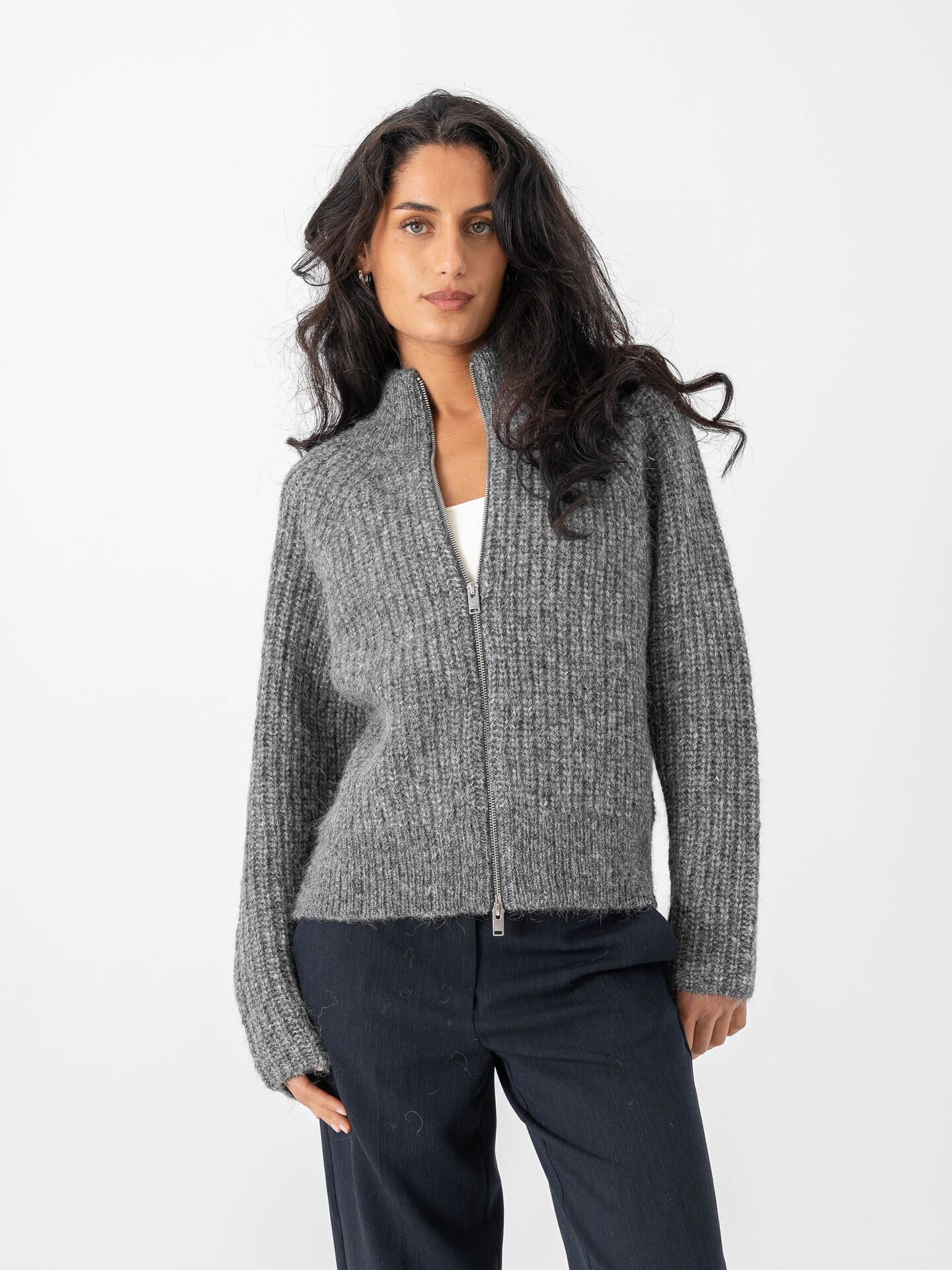 Selected Femme Anjuli Long Sleeve Knit Zip Cardigan Medium Grey Melange