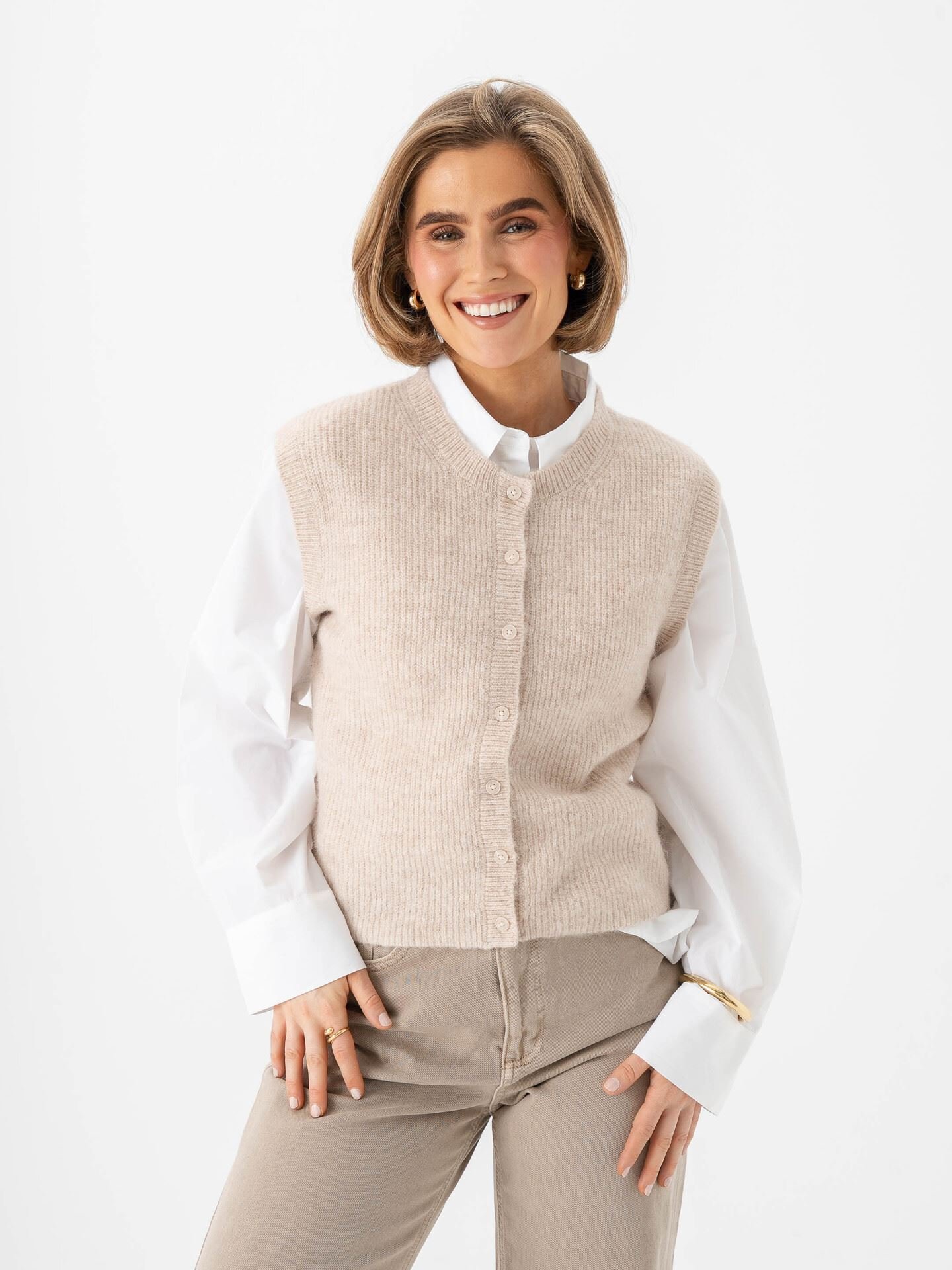 Selected Femme Lulu Button O-Neck Vest Birch Melange