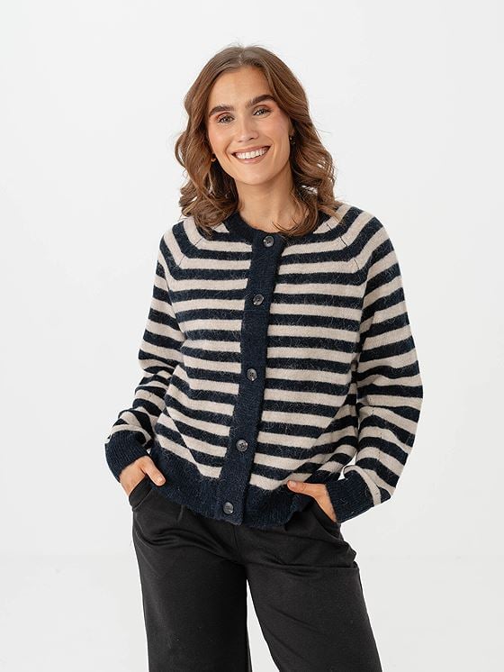 Selected Femme Lulu Long Sleeve Knit Short Stripe Cardigan Dark Sapphire/Birch
