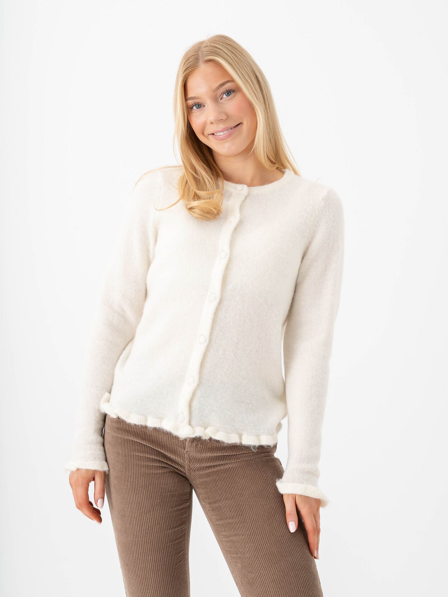 Selected Femme Lulu Frill Long Sleeve Knit Cardigan Snow White MELANGE