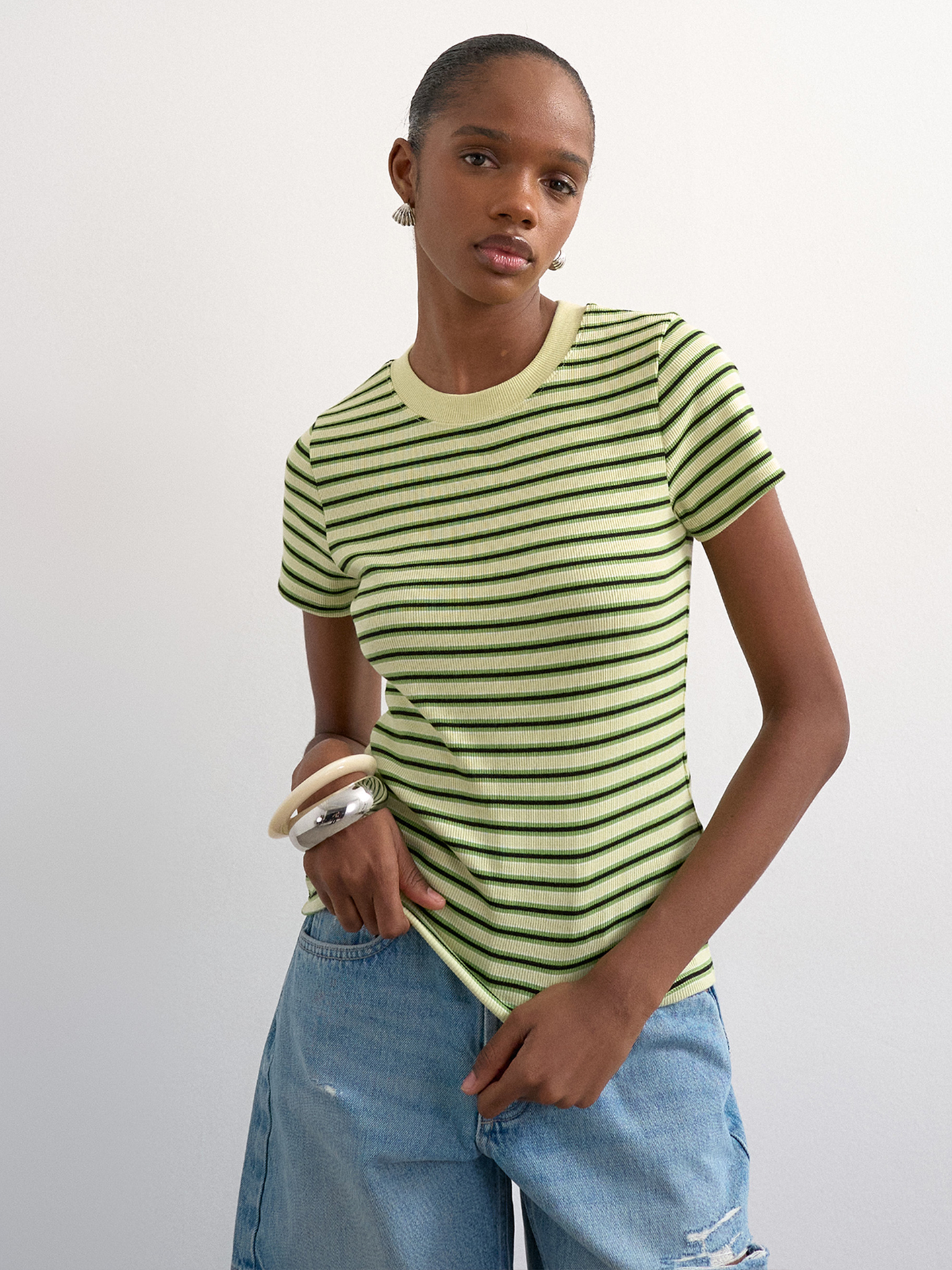 Topshop Sally Short Sleeve Stripe Rib Short Tee Bright Green