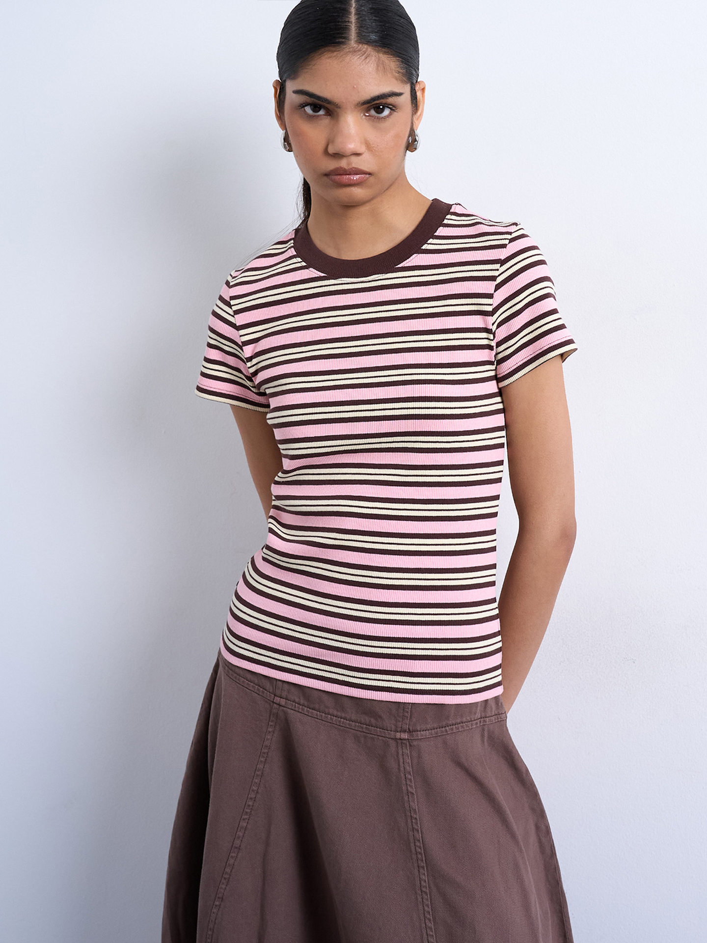 Topshop Sally Short Sleeve Stripe Rib Short Tee Pink Cosmos