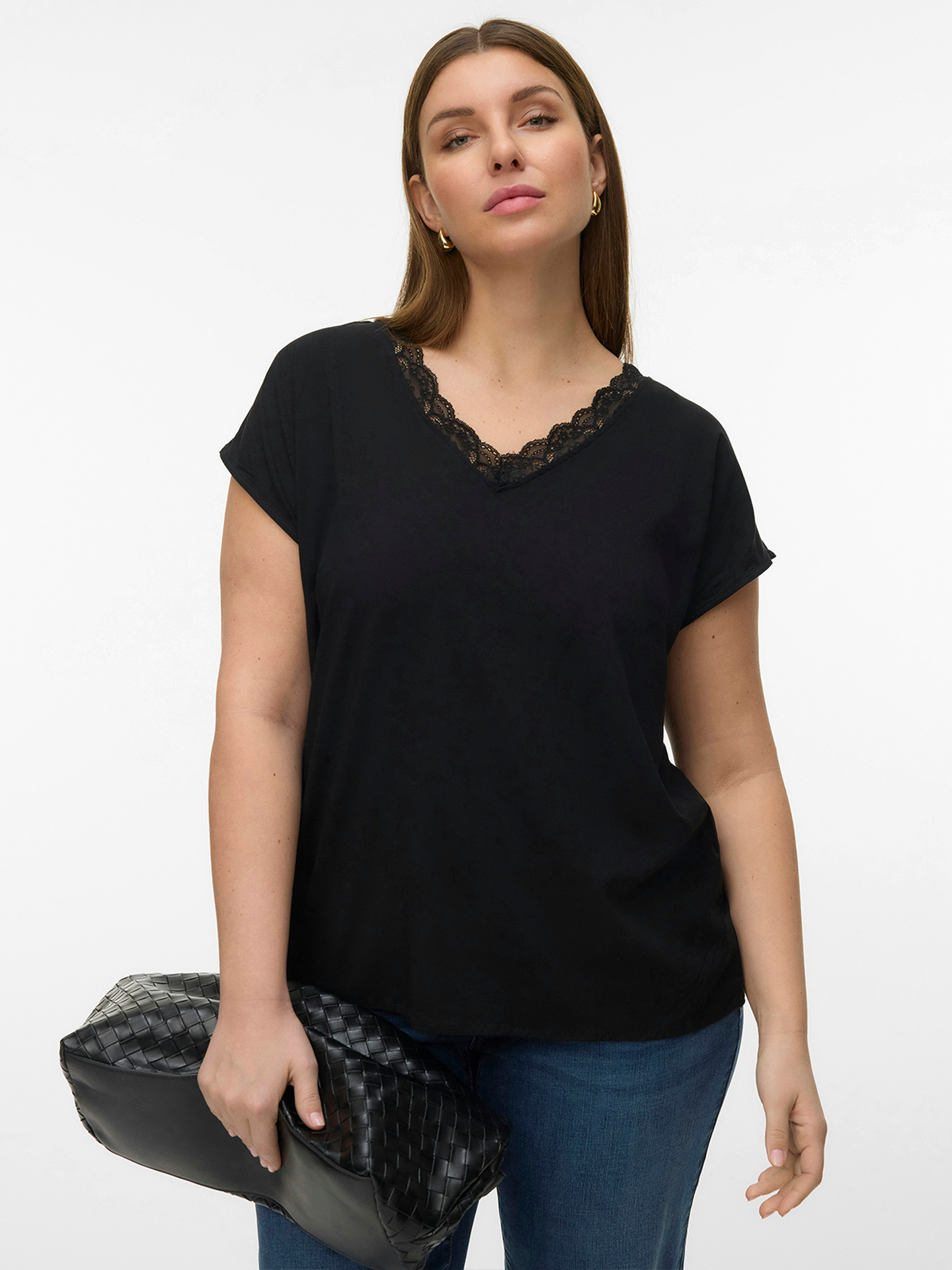 Vero Moda Curve Bella Short Sleeve Lace Top Black