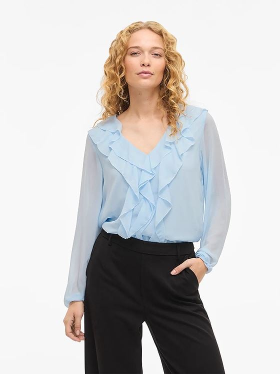 Vila Ane Long Sleeve V-Neck Frill Top Nantucket Breeze
