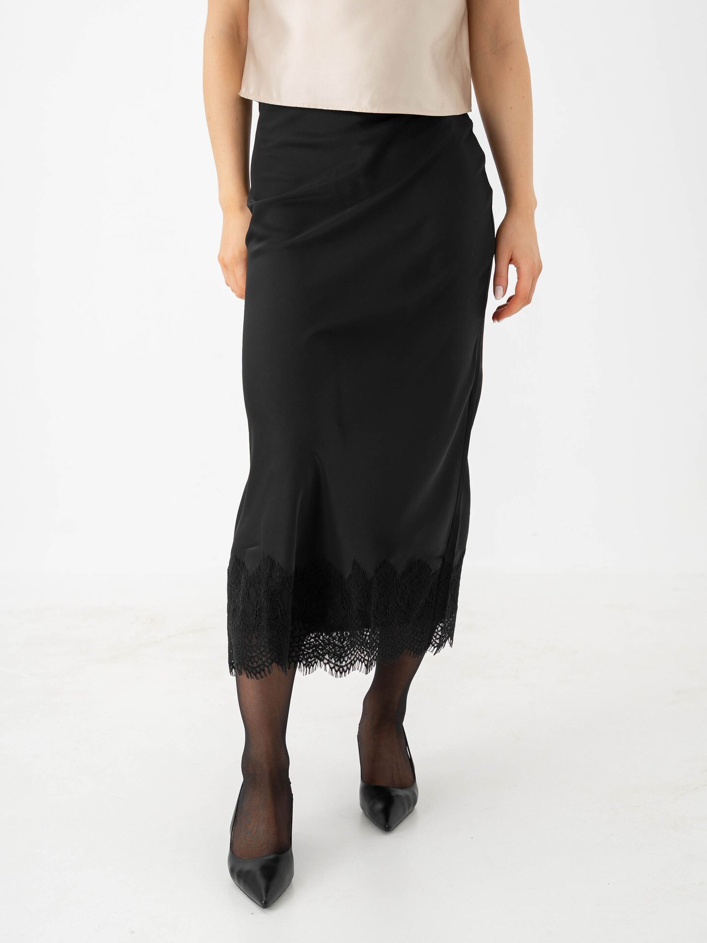 Vila Ellette High Waist Ankle Lace Skirt Black Beauty