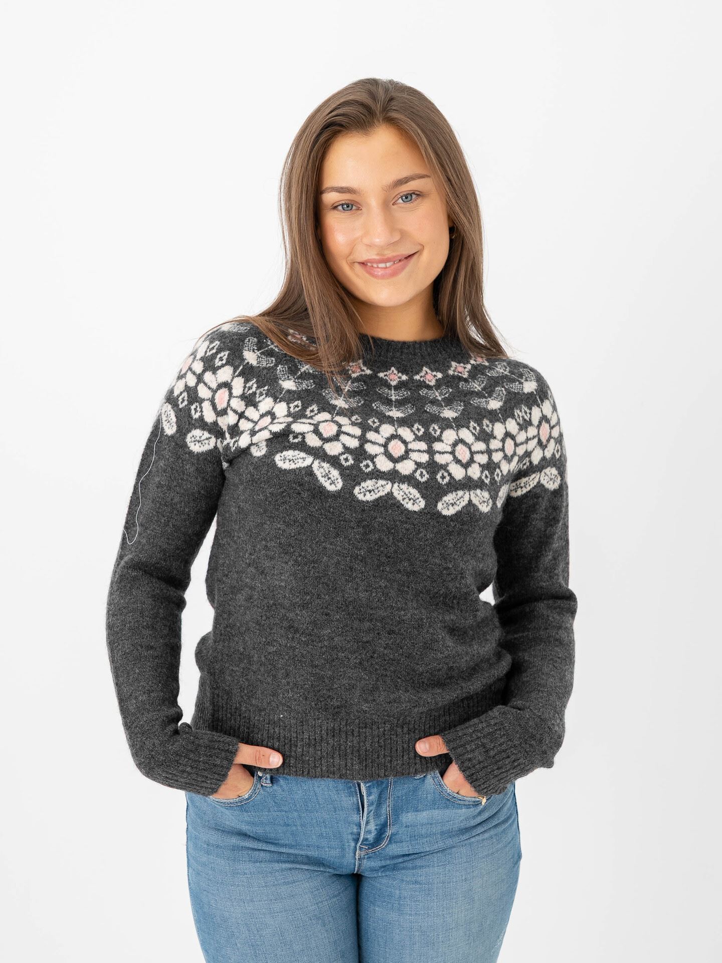 Vero Moda Simone Long Sleeve Nordic Pullover Dark Grey Melange W. Birch + Rose E/Flower