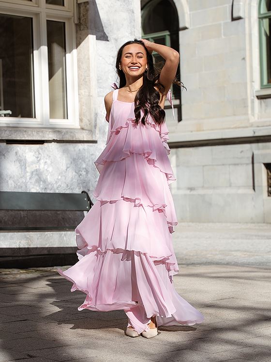 Vero Moda Felicia Tiestrap Ruffle Maxi Dress Cherry Blossom