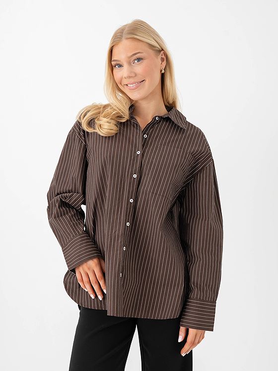 Vero Moda Fanni Long Sleeve Shirt Chocolate Brown SNOW WHITE PINSTRIPE
