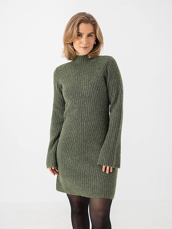 Vero Moda Lina Long Sleeve High Neck Short Knit Dress Olivine