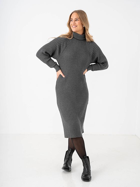 Y.A.S Mavi Knit Midi Rollneck Dress Mid Grey Melange