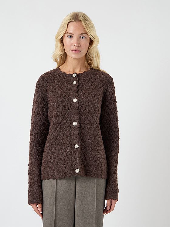 Y.A.S Bubble Long Sleeve Knit Cardigan Hot Fudge