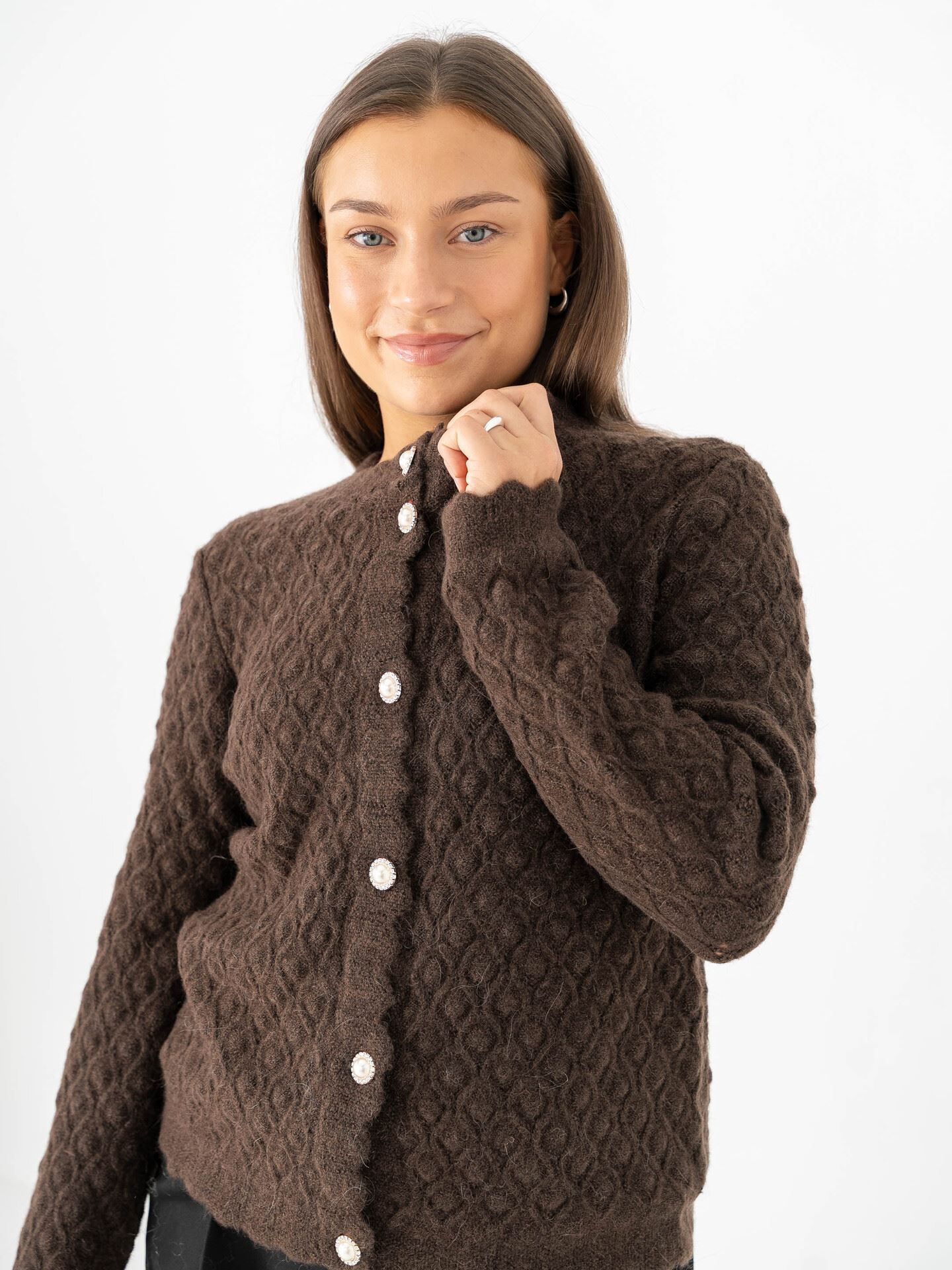 Y.A.S Bubble Long Sleeve Knit Cardigan Hot Fudge
