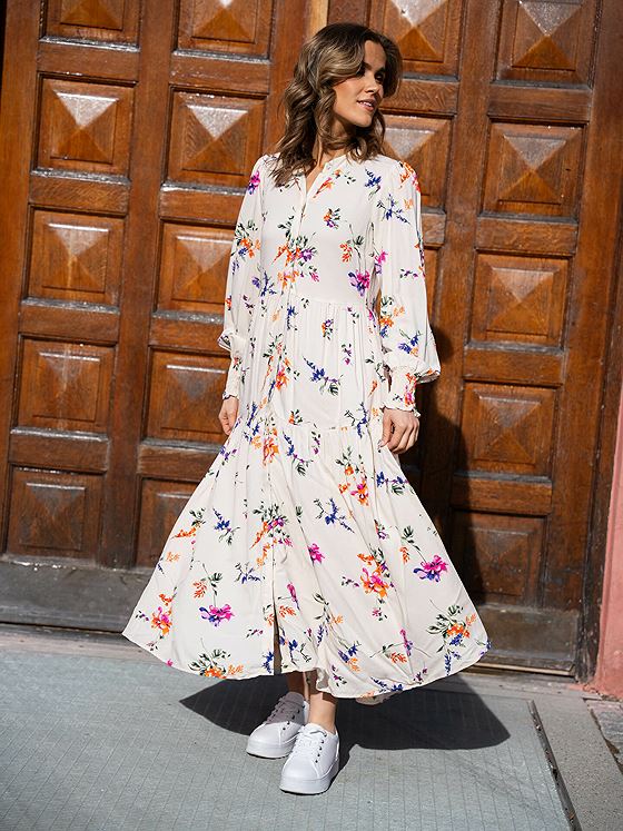 Y.A.S Asina Long Sleeve Long Shirt Dress Whitecap Gray Botanica Print