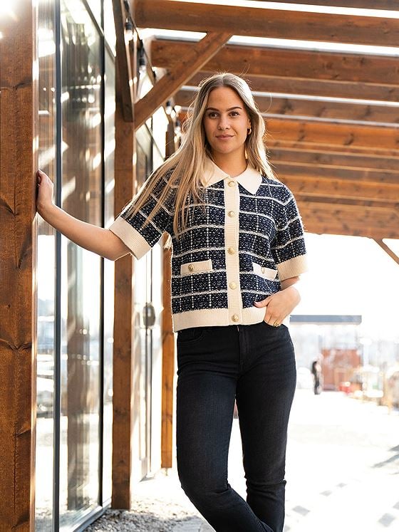 Y.A.S Livia Short Sleeve Knit Cardigan Navy Blazer / Birch