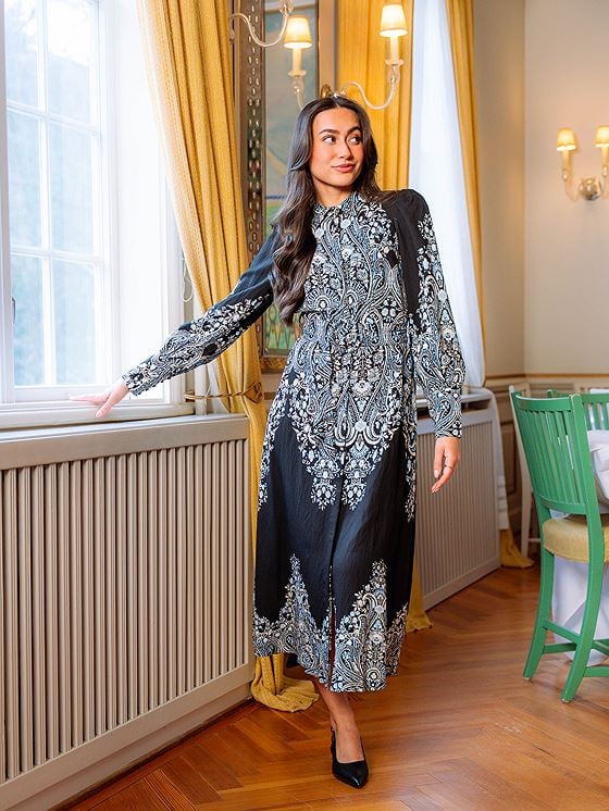 Y.A.S Birma Long Sleeve Long Shirt Dress Black Birma Print