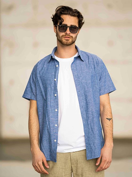 Selected Homme Regular New-Linen Shirt Short Sleeve Classic Medium Blue Denim