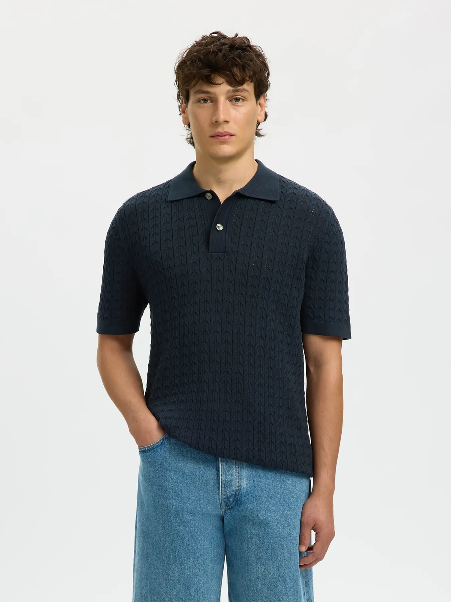 Selected Homme Mattis Short Sleeve Knit New Cable Polo Sky Captain