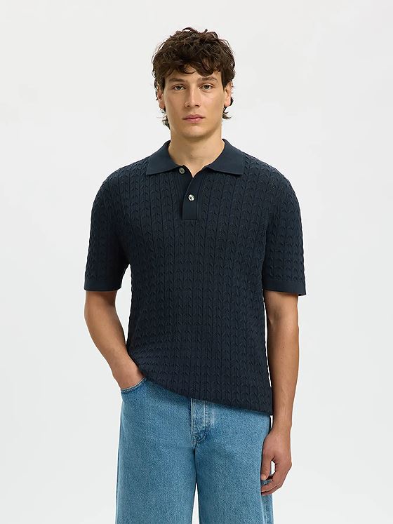 Selected Homme Mattis Short Sleeve Knit New Cable Polo Sky Captain