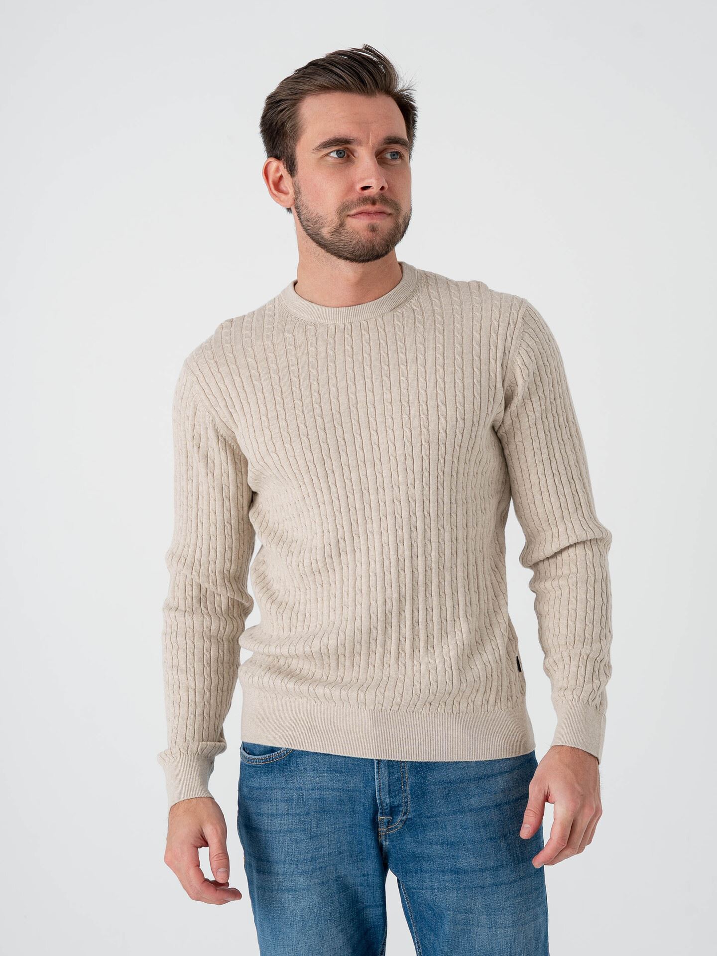 Jack and Jones Emil Knit Cable Crew Neck Oatmeal Melange
