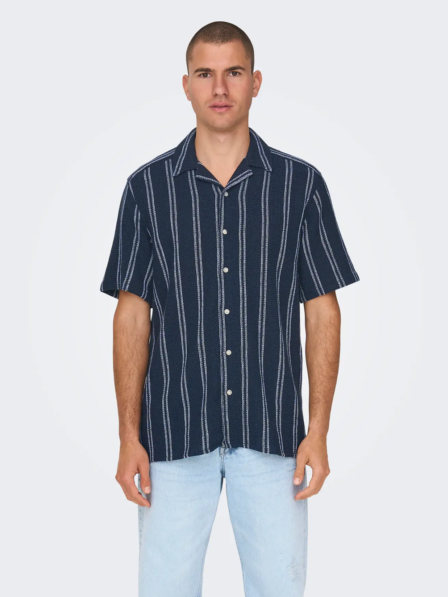 Only & Sons Trev Life Structure Stripe Short Sleeve Shirt Dark Navy