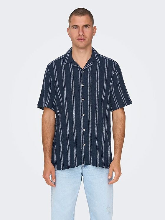 Only & Sons Trev Life Structure Stripe Short Sleeve Shirt Dark Navy