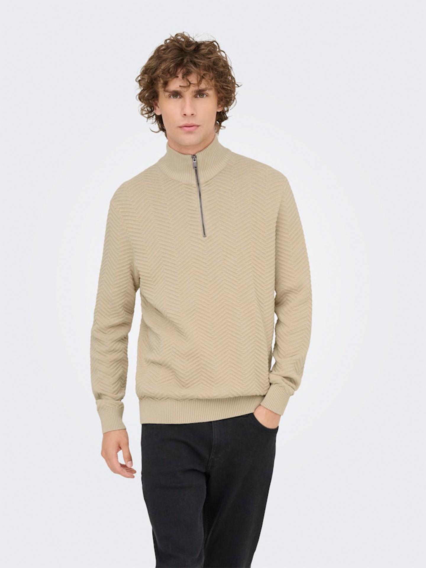 Only & Sons Herringbone Half Zip Knit Silver Lining