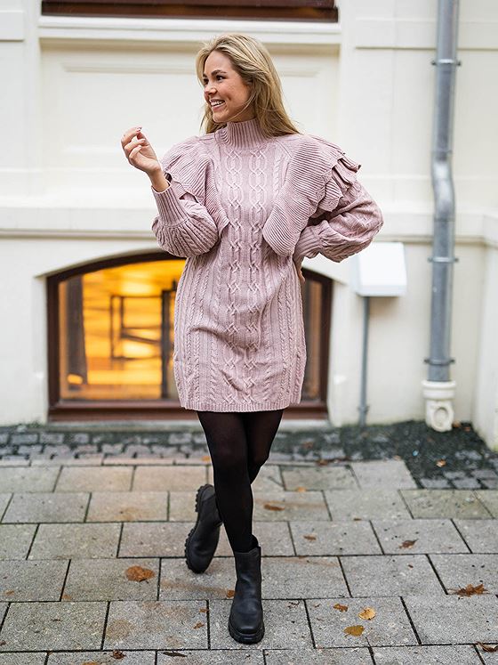 NA-KD Volume Flounce Knitted Dress Dusty Pink