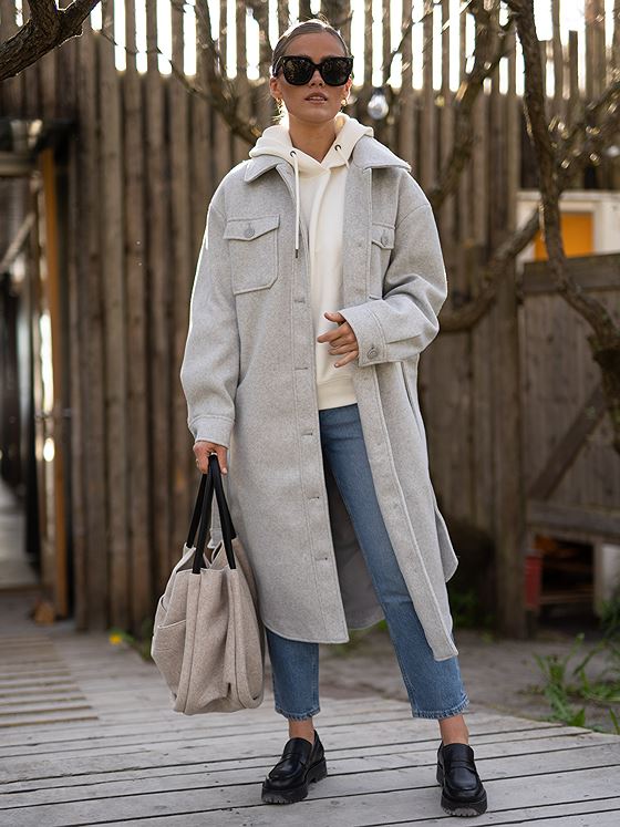 NA-KD Chest Pocket Beltet Long Jacket Light Grey