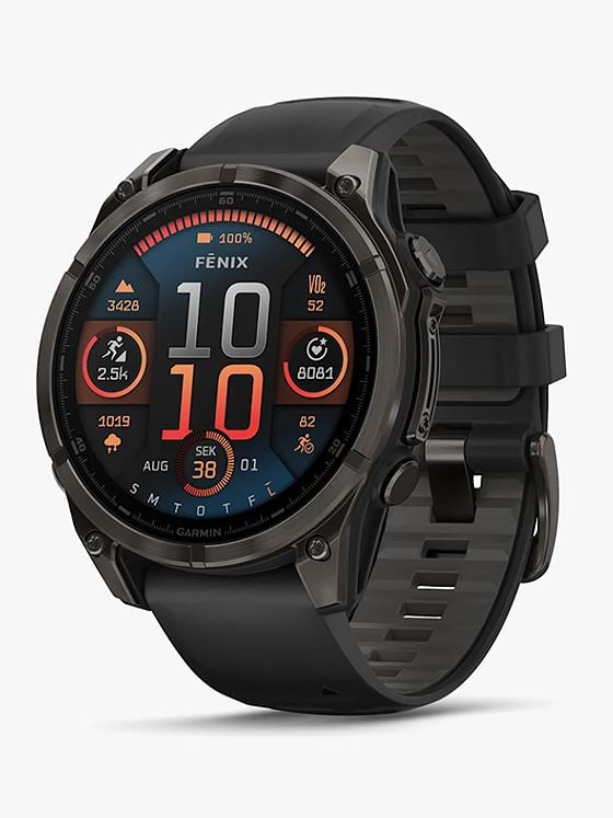Garmin fenix 8–47 mm, AMOLED Sapphire, Karbongrå DLC-titan med sort/steingrå silikonrem