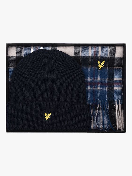 Lyle & Scott Lambswool Blend Checked Scarf and Beanie Gift Set Dark Navy
