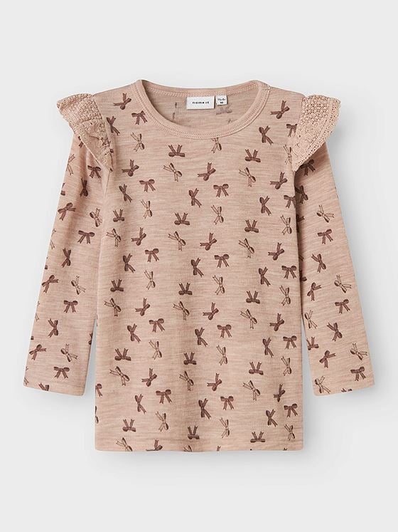 Name It Wang Wool Rib Long Sleeve Top All Over Print W/Flounce Shadow Gray