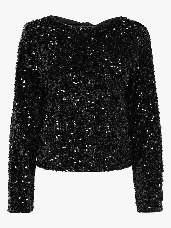 Only Confidence Long Sleeve Sequins Bow Top Black