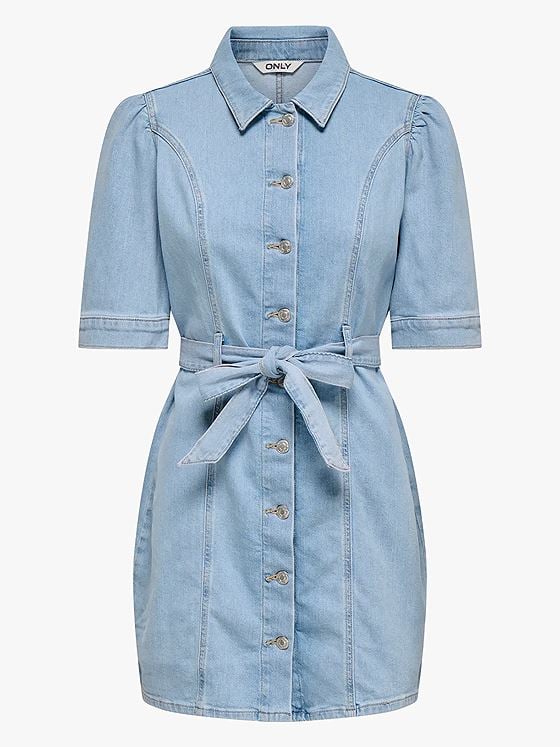 Only Vibbe Short Sleeve Belt Denim Dress Light Blue Denim