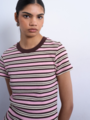Topshop Sally Short Sleeve Stripe Rib Short Tee Pink Cosmos